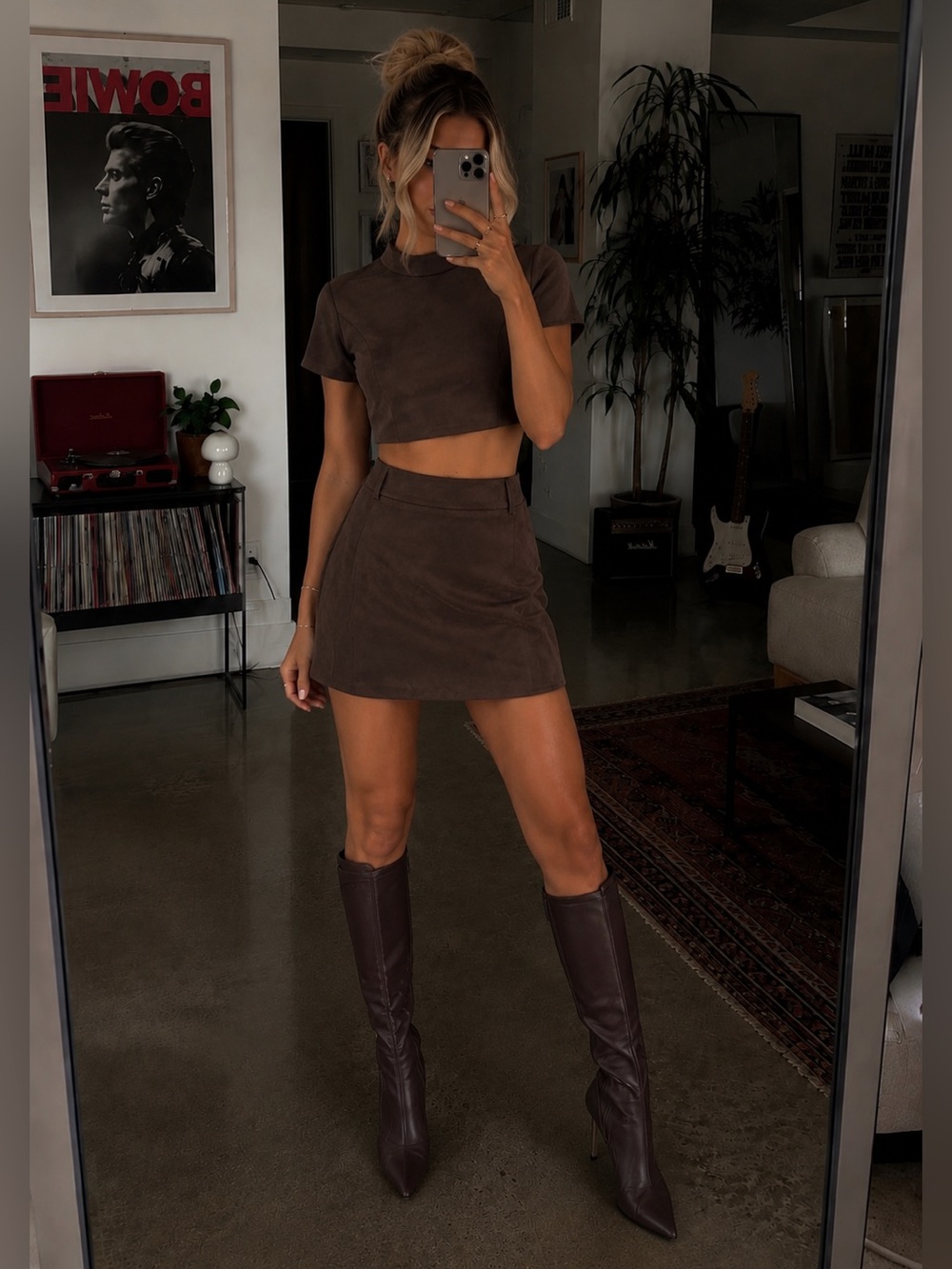 JW PEI Grace Faux Suede Crop Top and Mini Skirt Set Chocolate Brown Womens 2 EUC